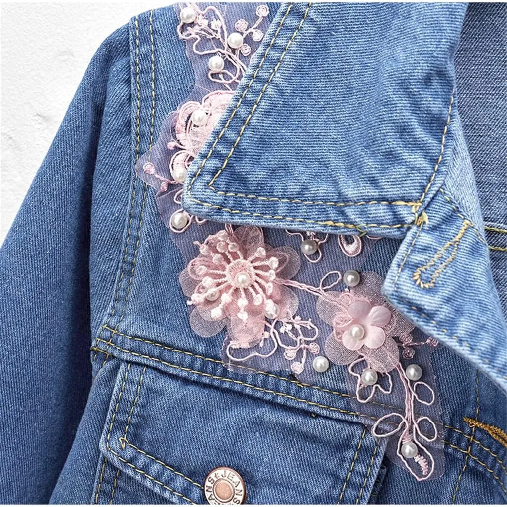 Spring Women Floral Embroidery Crop Denim Jacket Pearl Bead Short Girls Slim Fit Beading Jean Coat