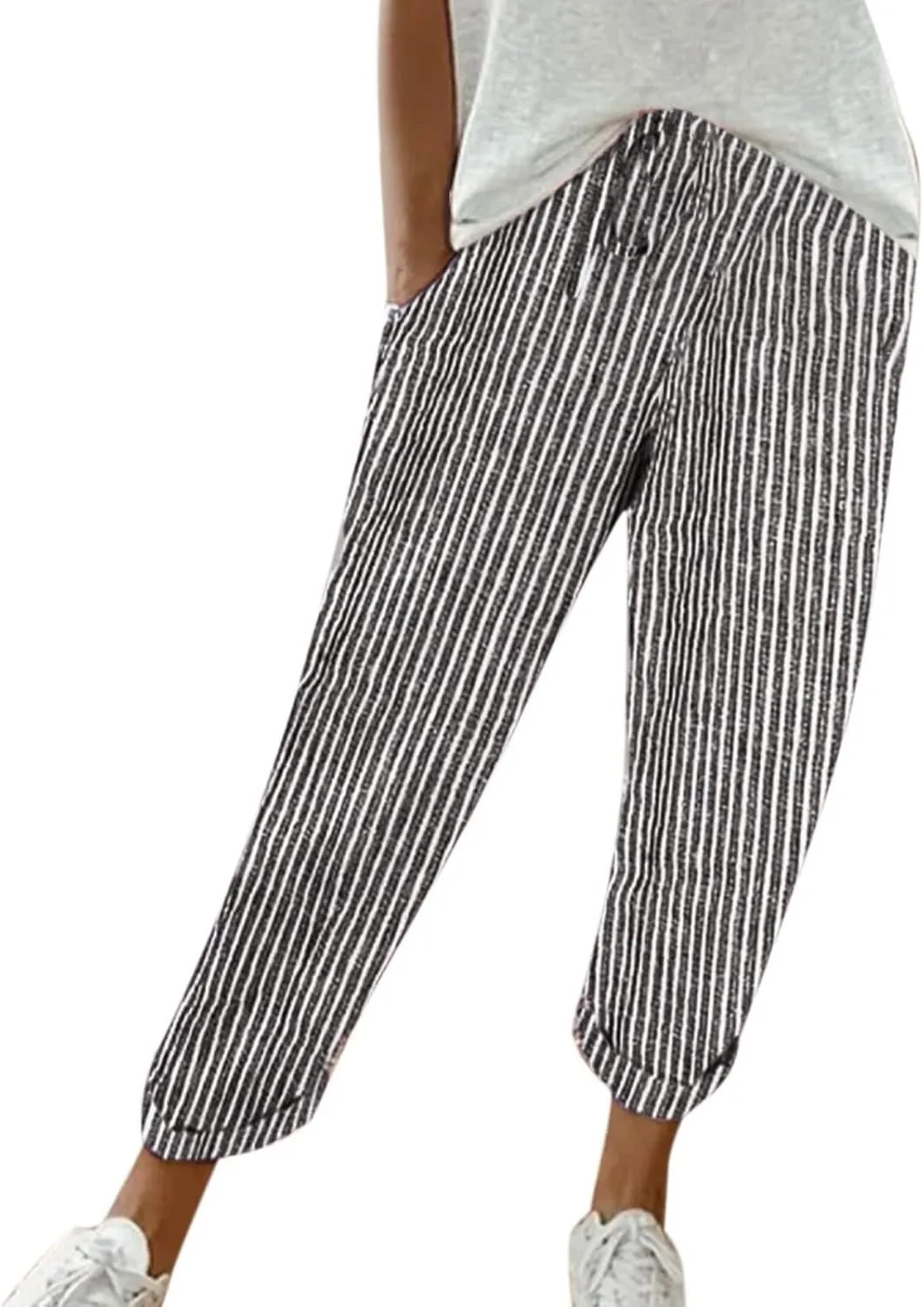 Striped Linen Pants Women Casual High Waisted Wide Leg Cropped Pants Summer Boho Gauze Capri Pant with Pockets