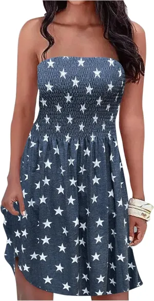 Summer Dress for Women Beach Floral Cover Ups Spaghetti Strap Sundress Smocked Strapless A-Line Mini Dresses