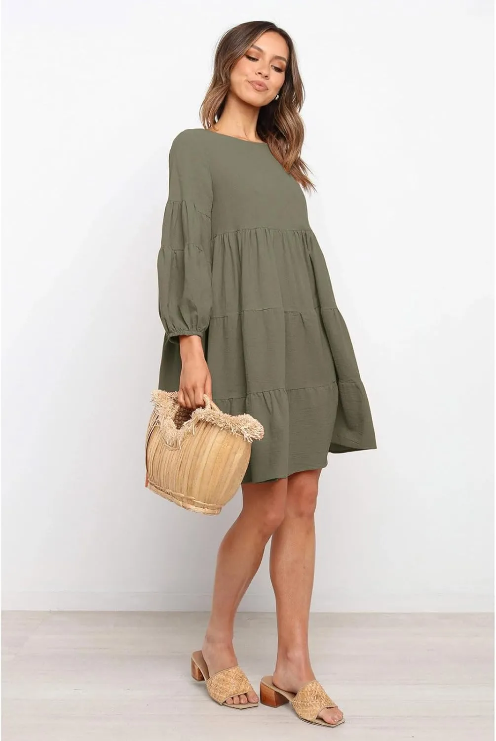 Summer Dresses for Women 2024 Puff Sleeve Ruffle Mini Dress Crewneck Tunic Boho Beach Party Flowy Tiered Sundress