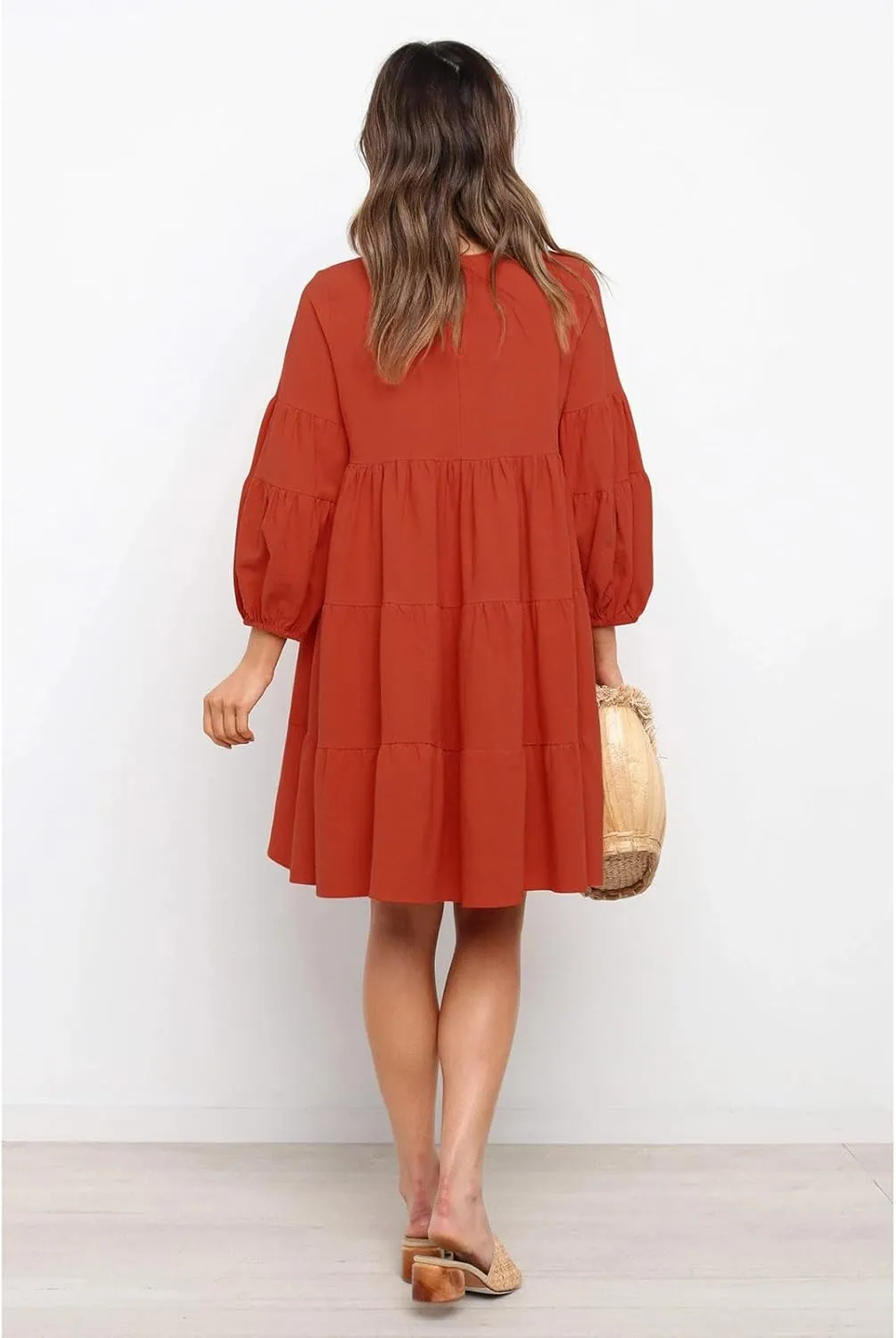 Summer Dresses for Women 2024 Puff Sleeve Ruffle Mini Dress Crewneck Tunic Boho Beach Party Flowy Tiered Sundress