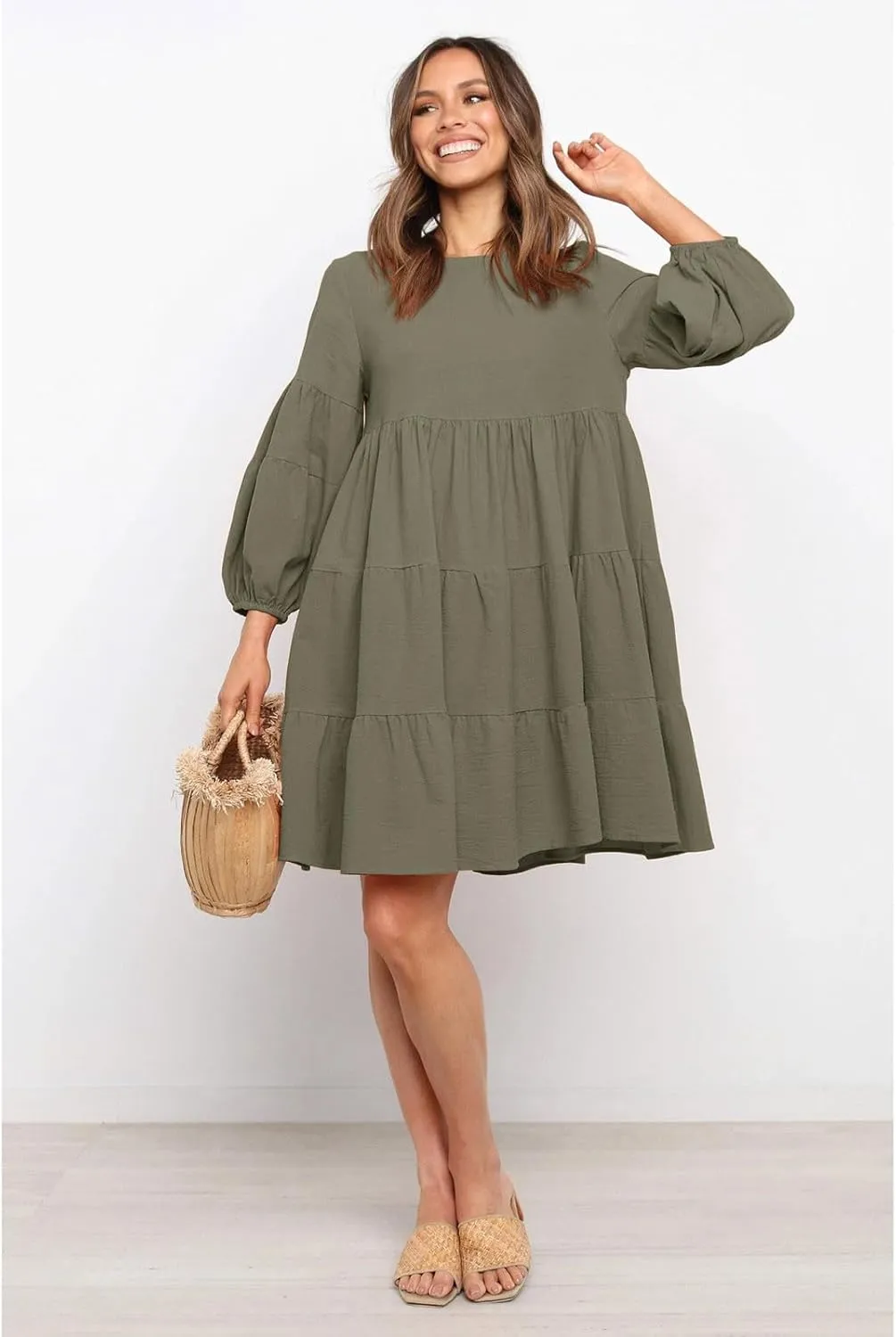 Summer Dresses for Women 2024 Puff Sleeve Ruffle Mini Dress Crewneck Tunic Boho Beach Party Flowy Tiered Sundress