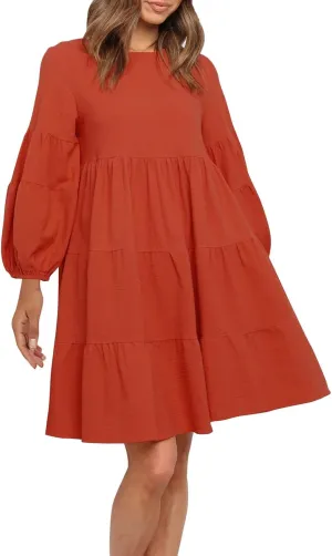 Summer Dresses for Women 2024 Puff Sleeve Ruffle Mini Dress Crewneck Tunic Boho Beach Party Flowy Tiered Sundress