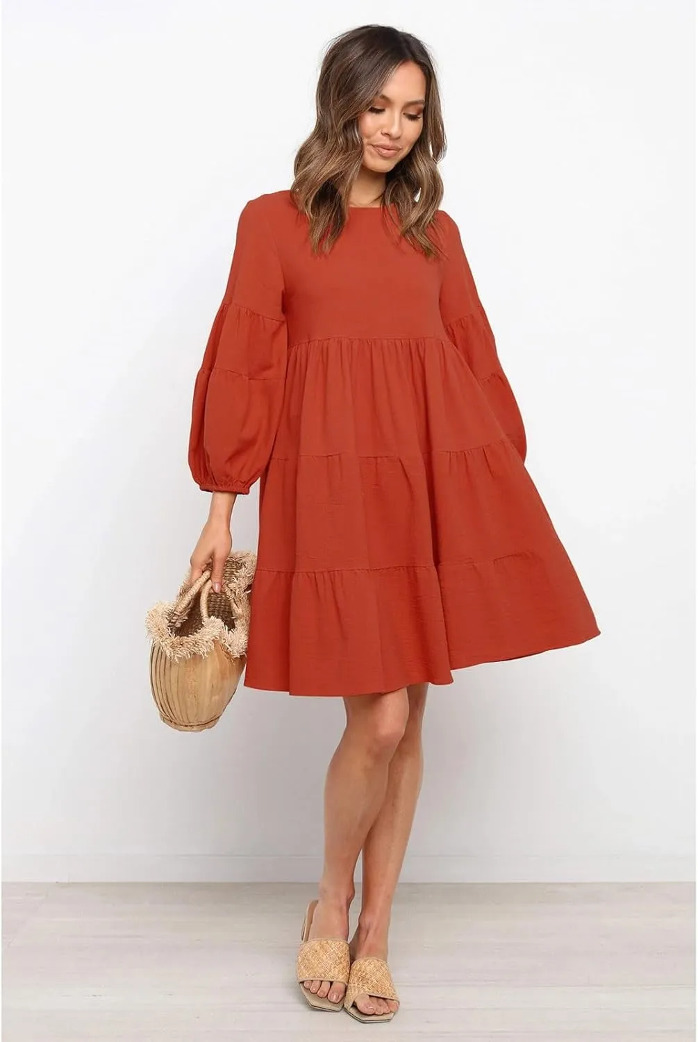 Summer Dresses for Women 2024 Puff Sleeve Ruffle Mini Dress Crewneck Tunic Boho Beach Party Flowy Tiered Sundress