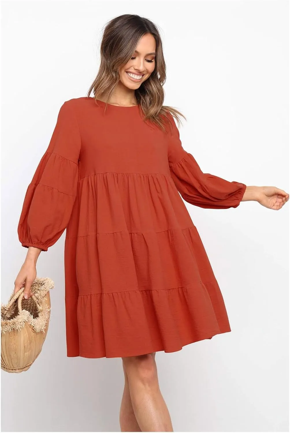 Summer Dresses for Women 2024 Puff Sleeve Ruffle Mini Dress Crewneck Tunic Boho Beach Party Flowy Tiered Sundress