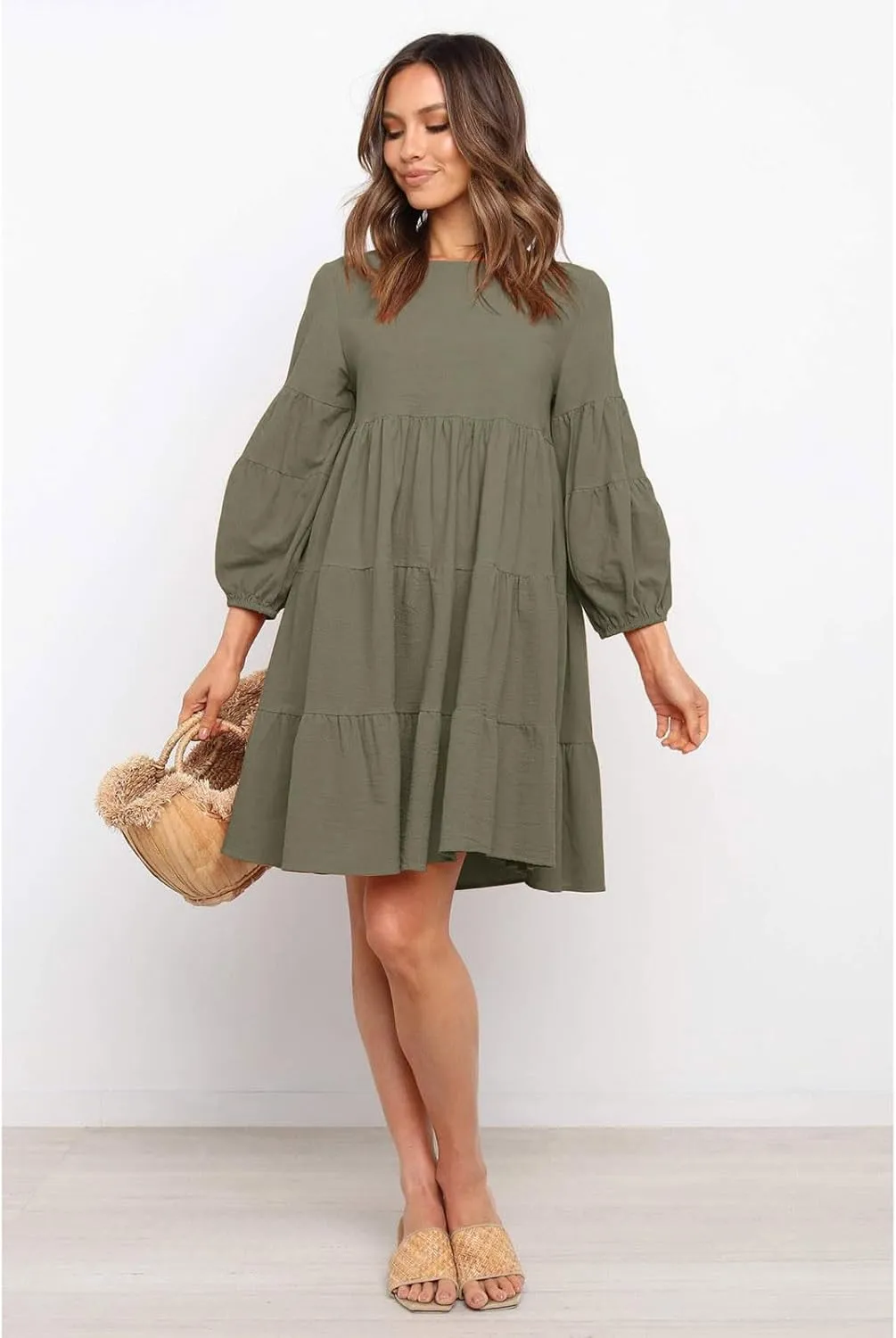 Summer Dresses for Women 2024 Puff Sleeve Ruffle Mini Dress Crewneck Tunic Boho Beach Party Flowy Tiered Sundress