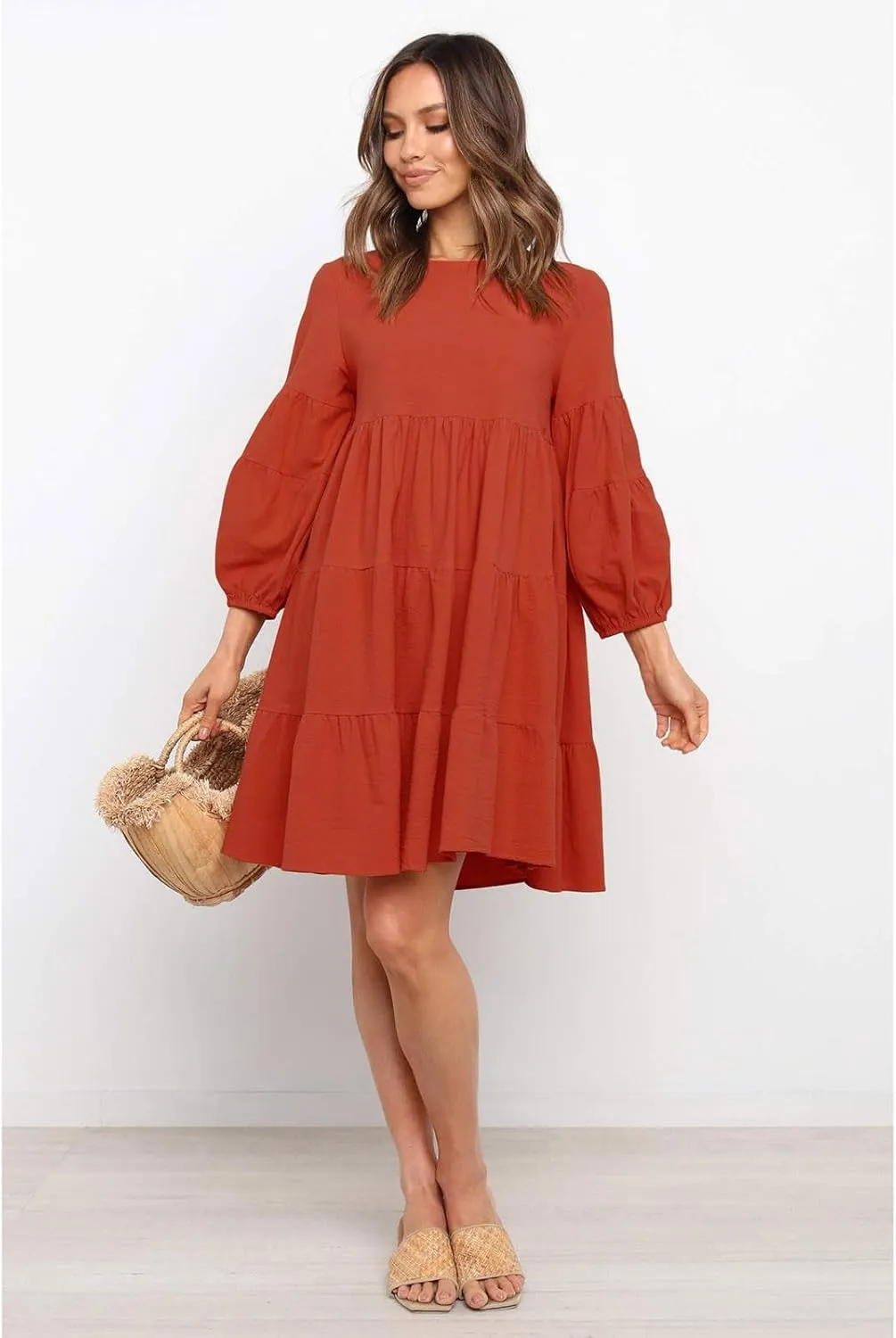 Summer Dresses for Women 2024 Puff Sleeve Ruffle Mini Dress Crewneck Tunic Boho Beach Party Flowy Tiered Sundress
