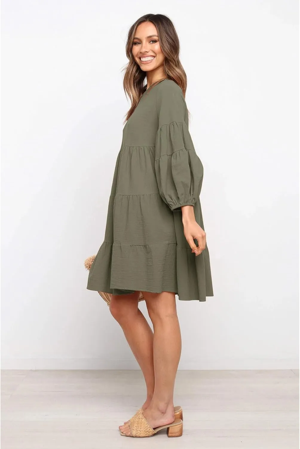 Summer Dresses for Women 2024 Puff Sleeve Ruffle Mini Dress Crewneck Tunic Boho Beach Party Flowy Tiered Sundress