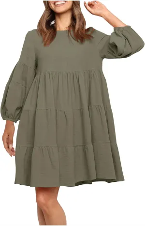 Summer Dresses for Women 2024 Puff Sleeve Ruffle Mini Dress Crewneck Tunic Boho Beach Party Flowy Tiered Sundress