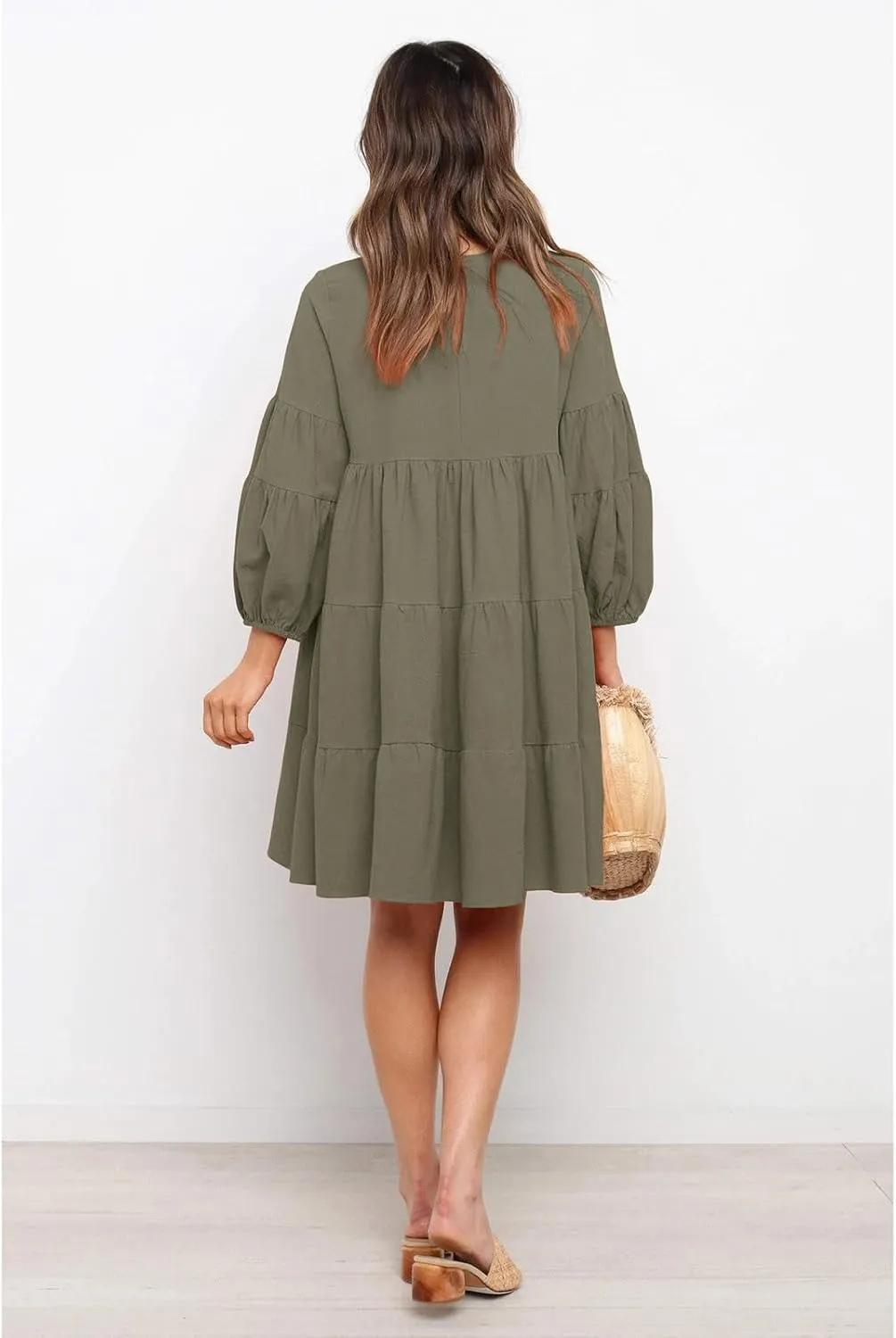 Summer Dresses for Women 2024 Puff Sleeve Ruffle Mini Dress Crewneck Tunic Boho Beach Party Flowy Tiered Sundress