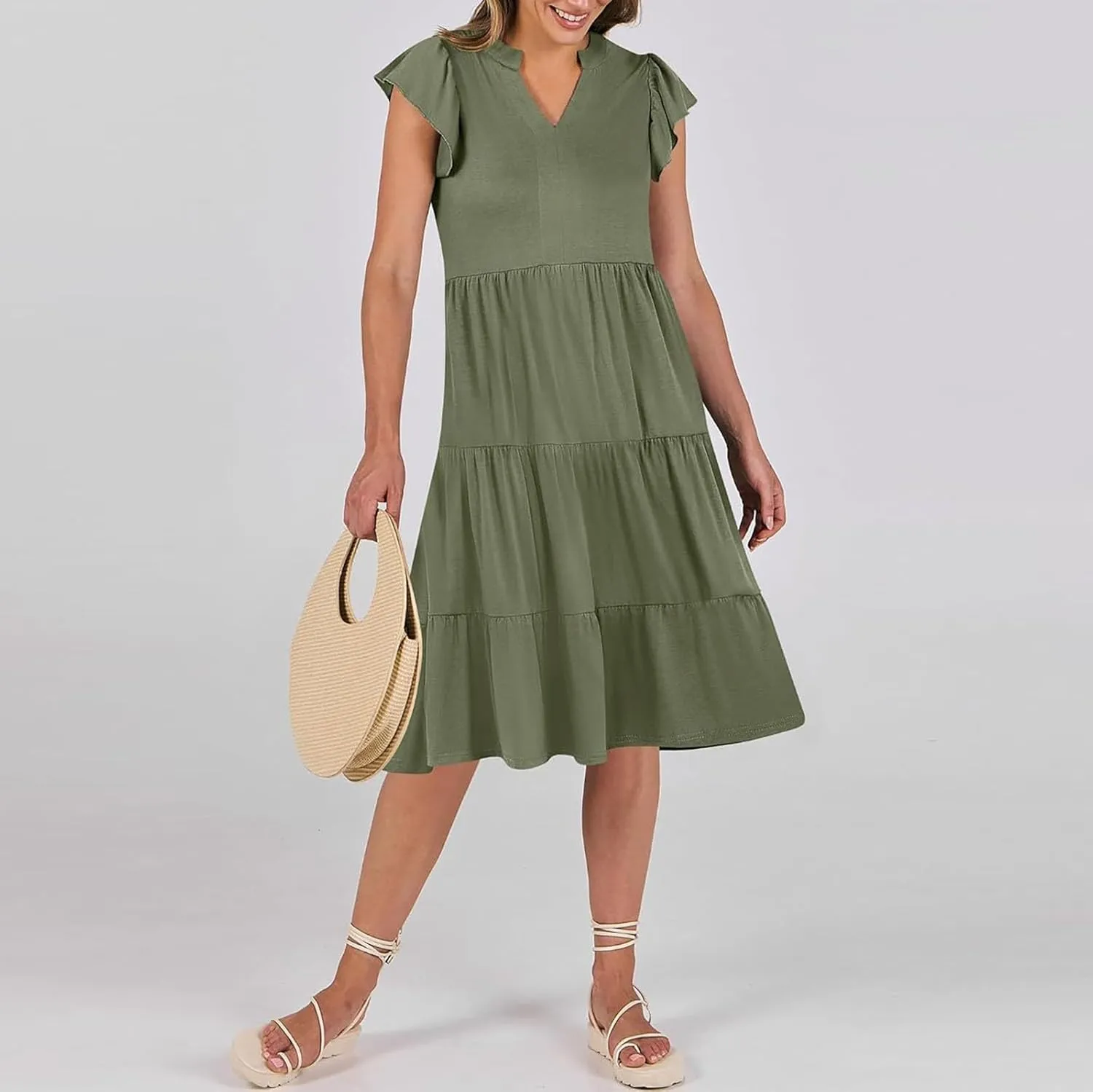Summer Dresses for Women 2025 Casual Ruffle Sleeve Midi Dress Loose Flowy V Neck Pleated Beach Vacation Sundresses