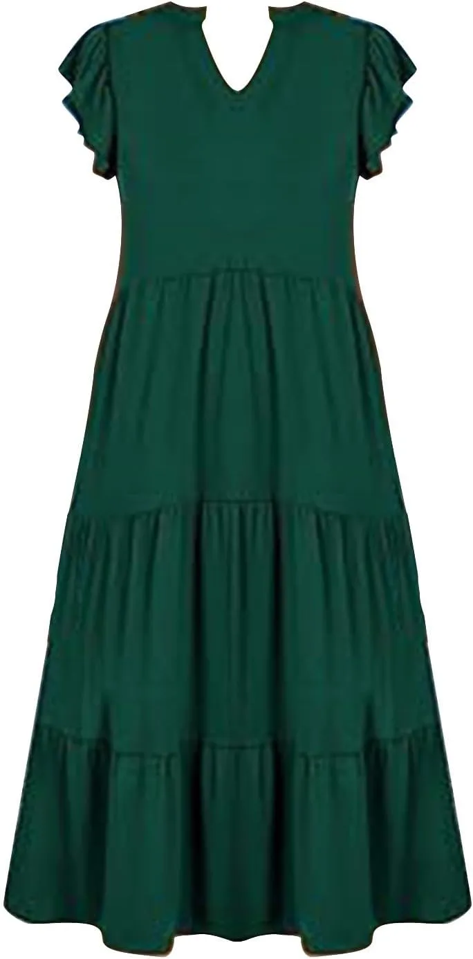 Summer Dresses for Women 2025 Casual Ruffle Sleeve Midi Dress Loose Flowy V Neck Pleated Beach Vacation Sundresses
