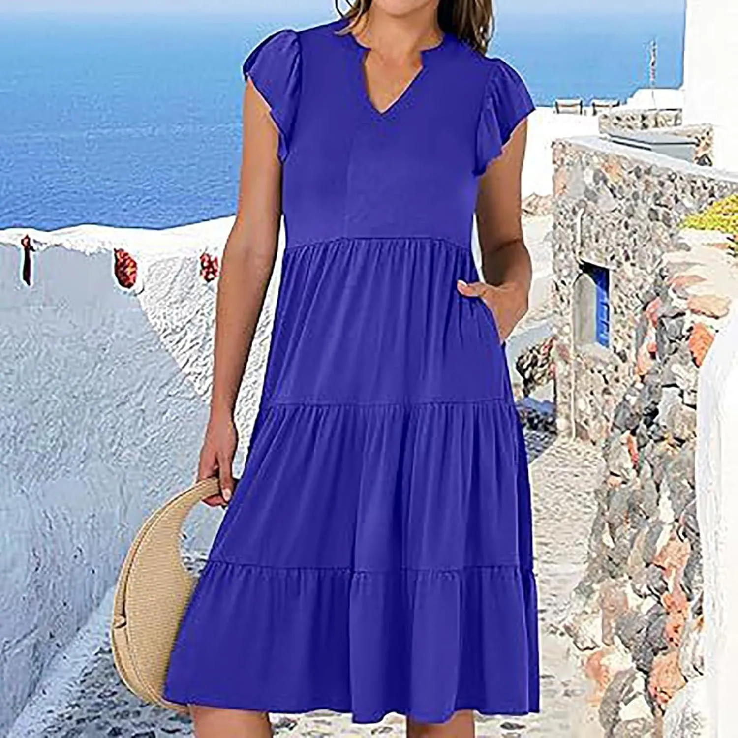 Summer Dresses for Women 2025 Casual Ruffle Sleeve Midi Dress Loose Flowy V Neck Pleated Beach Vacation Sundresses