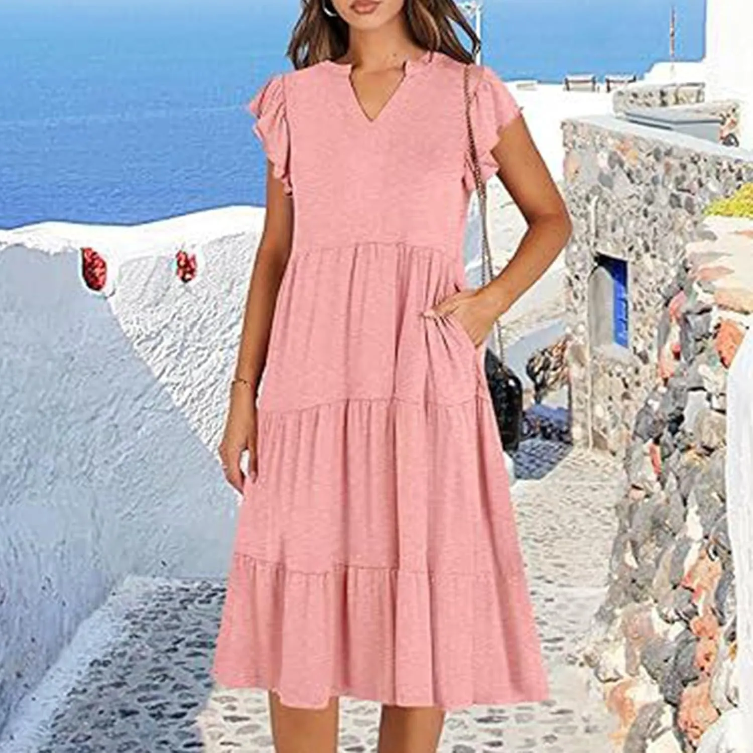 Summer Dresses for Women 2025 Casual Ruffle Sleeve Midi Dress Loose Flowy V Neck Pleated Beach Vacation Sundresses