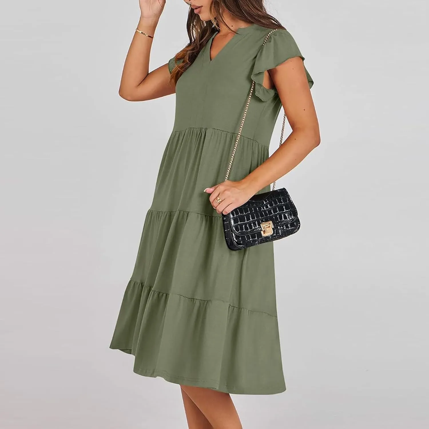 Summer Dresses for Women 2025 Casual Ruffle Sleeve Midi Dress Loose Flowy V Neck Pleated Beach Vacation Sundresses