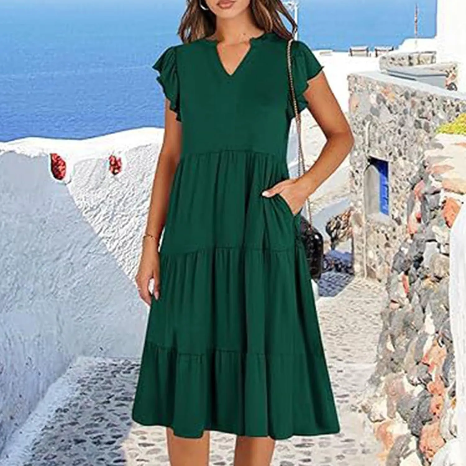 Summer Dresses for Women 2025 Casual Ruffle Sleeve Midi Dress Loose Flowy V Neck Pleated Beach Vacation Sundresses
