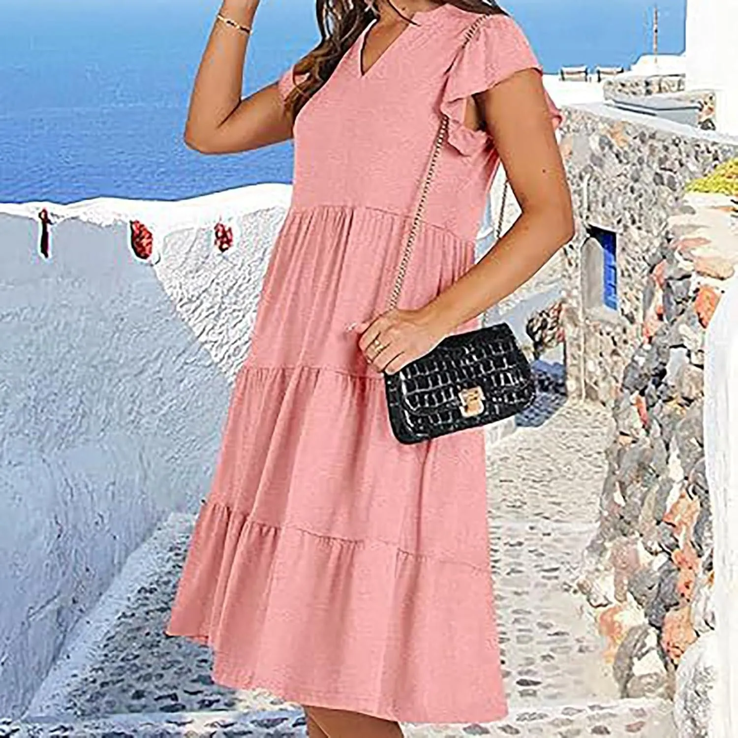 Summer Dresses for Women 2025 Casual Ruffle Sleeve Midi Dress Loose Flowy V Neck Pleated Beach Vacation Sundresses