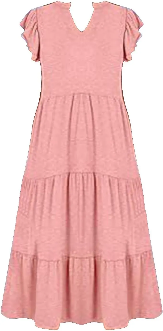 Summer Dresses for Women 2025 Casual Ruffle Sleeve Midi Dress Loose Flowy V Neck Pleated Beach Vacation Sundresses