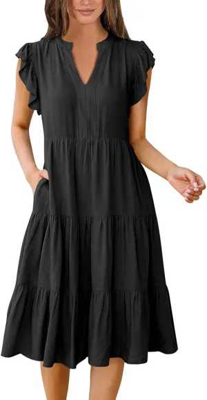 Summer Dresses for Women 2025 Casual Ruffle Sleeve Midi Dress Loose Flowy V Neck Pleated Beach Vacation Sundresses