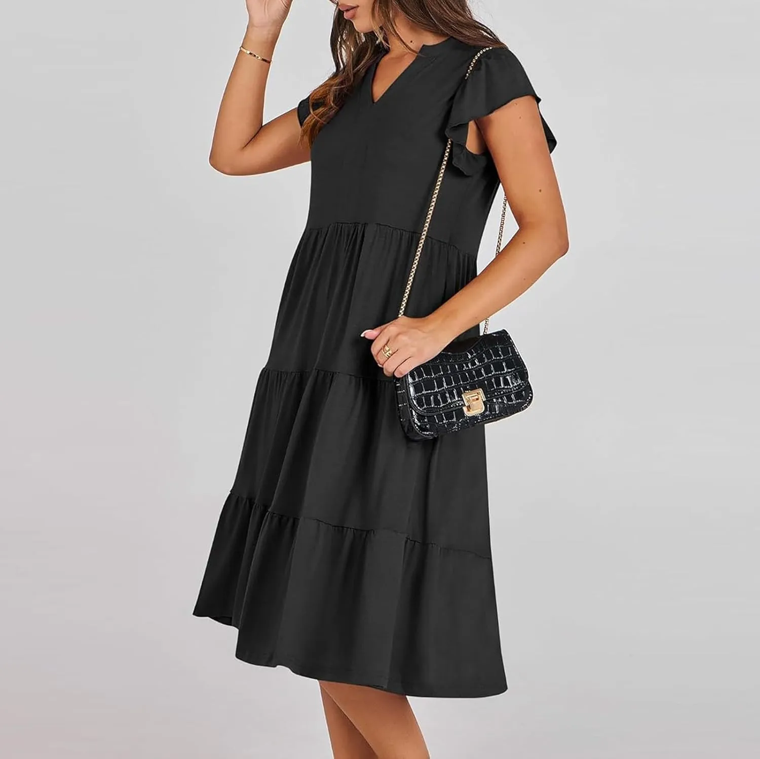 Summer Dresses for Women 2025 Casual Ruffle Sleeve Midi Dress Loose Flowy V Neck Pleated Beach Vacation Sundresses