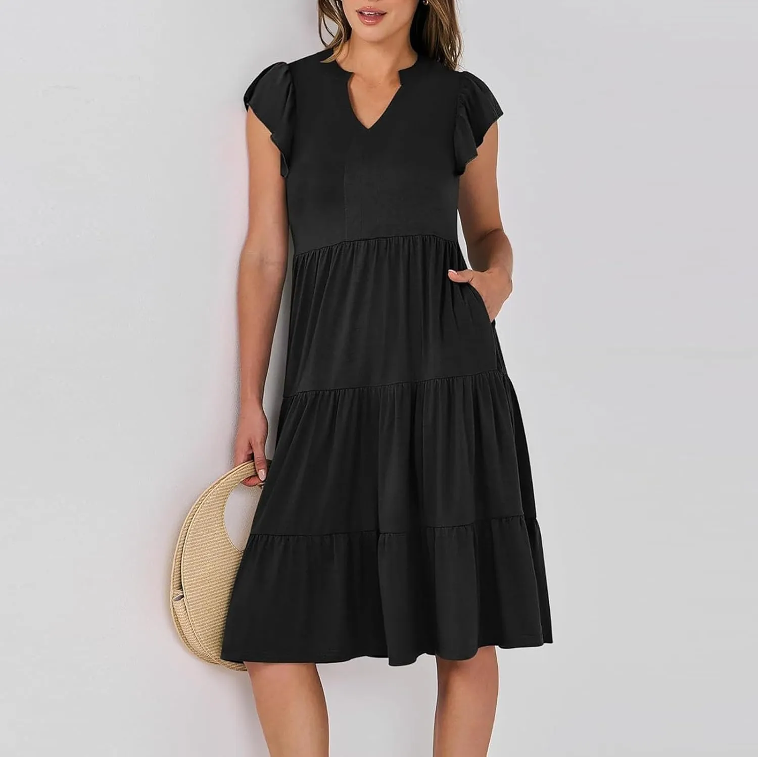 Summer Dresses for Women 2025 Casual Ruffle Sleeve Midi Dress Loose Flowy V Neck Pleated Beach Vacation Sundresses