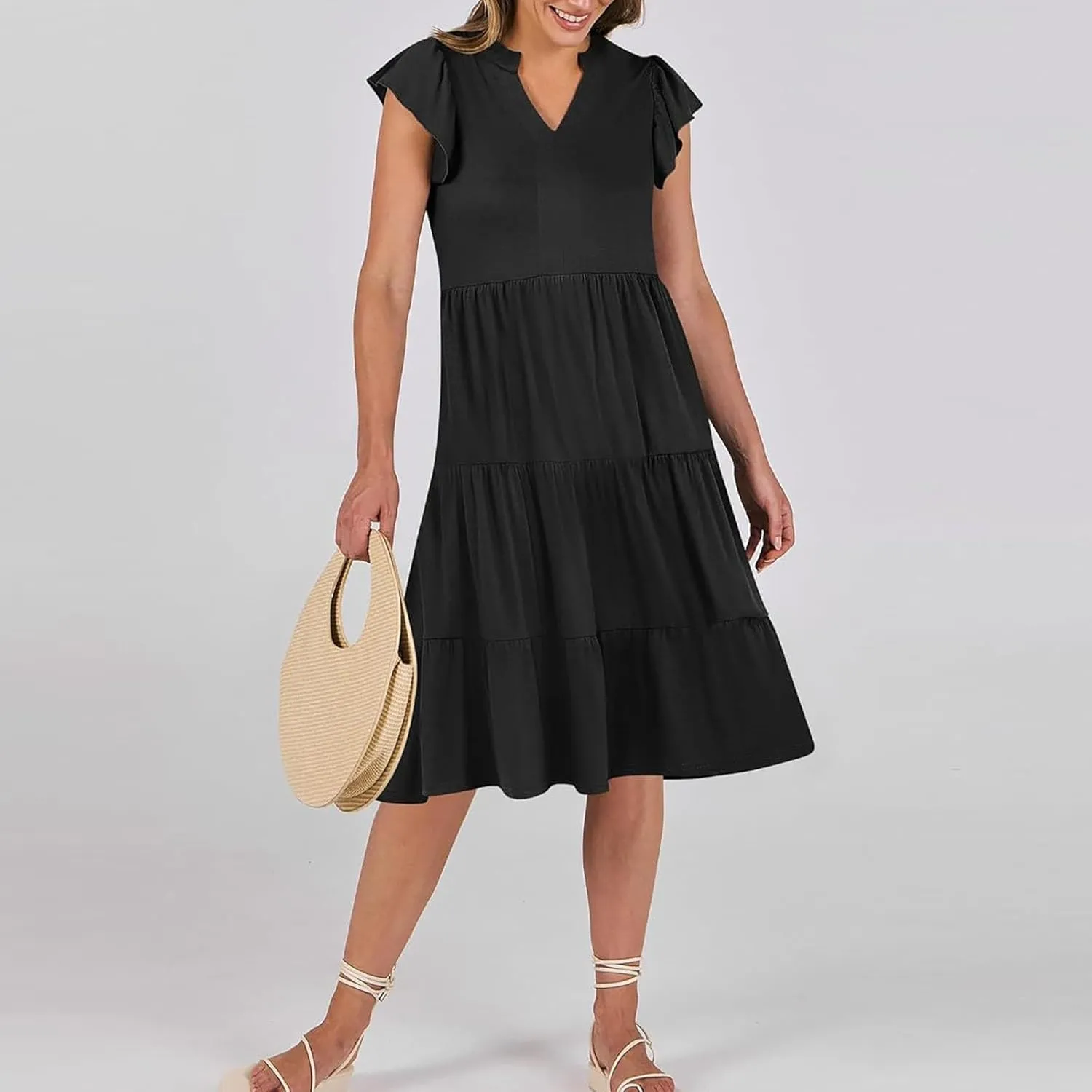 Summer Dresses for Women 2025 Casual Ruffle Sleeve Midi Dress Loose Flowy V Neck Pleated Beach Vacation Sundresses