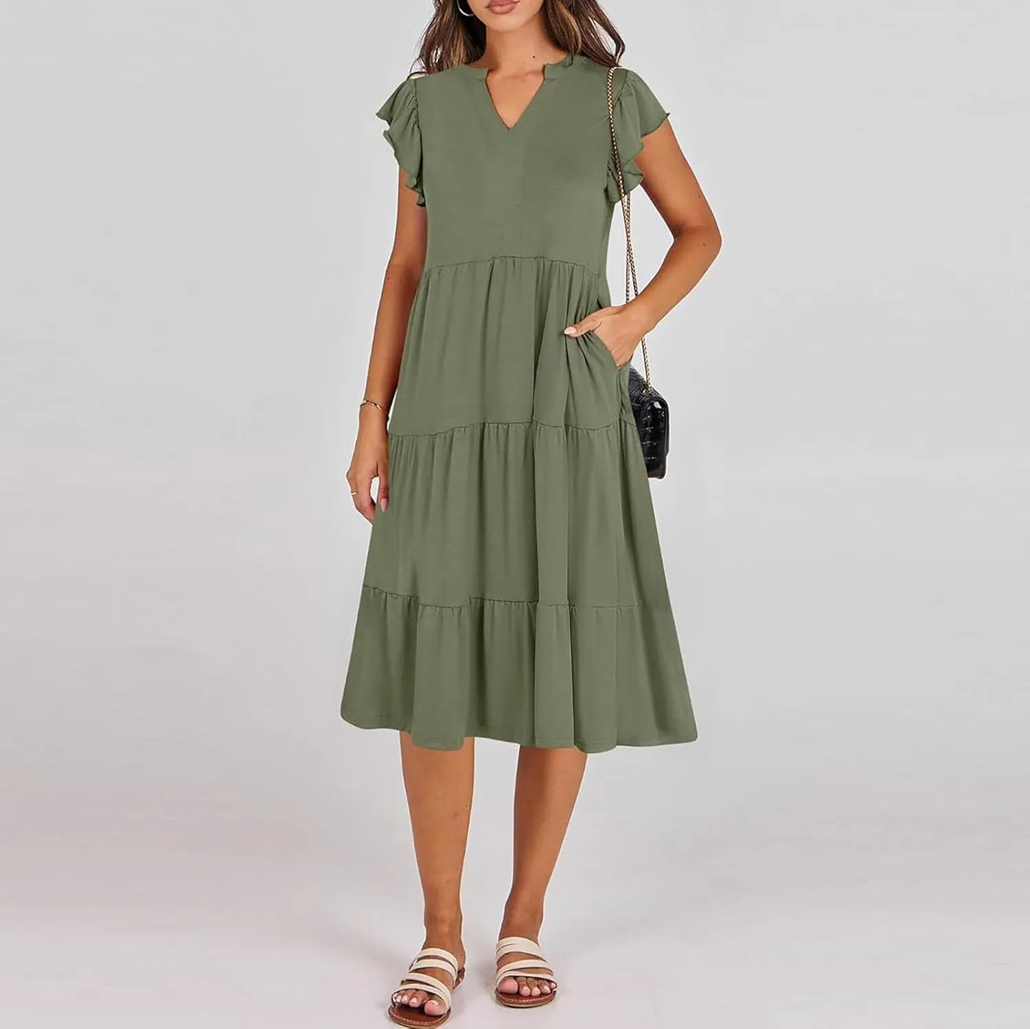 Summer Dresses for Women 2025 Casual Ruffle Sleeve Midi Dress Loose Flowy V Neck Pleated Beach Vacation Sundresses