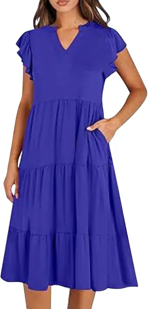 Summer Dresses for Women 2025 Casual Ruffle Sleeve Midi Dress Loose Flowy V Neck Pleated Beach Vacation Sundresses