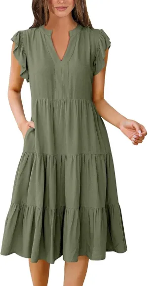 Summer Dresses for Women 2025 Casual Ruffle Sleeve Midi Dress Loose Flowy V Neck Pleated Beach Vacation Sundresses