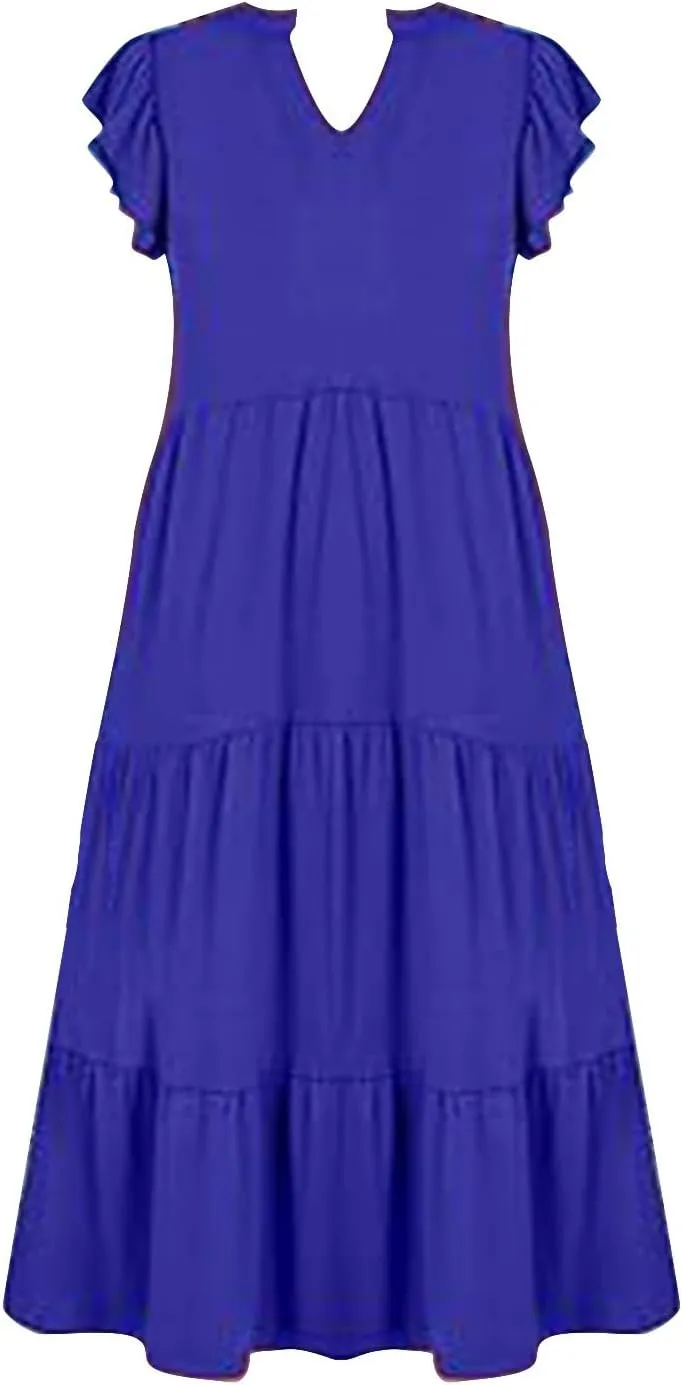 Summer Dresses for Women 2025 Casual Ruffle Sleeve Midi Dress Loose Flowy V Neck Pleated Beach Vacation Sundresses