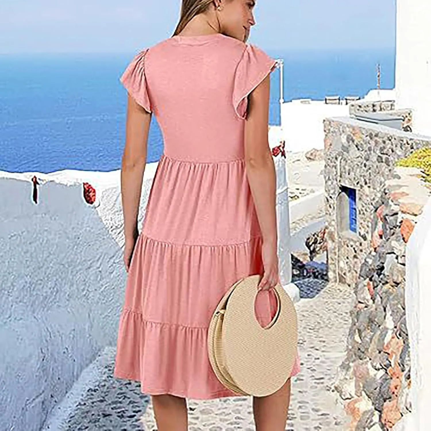Summer Dresses for Women 2025 Casual Ruffle Sleeve Midi Dress Loose Flowy V Neck Pleated Beach Vacation Sundresses
