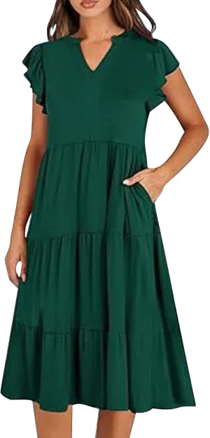 Summer Dresses for Women 2025 Casual Ruffle Sleeve Midi Dress Loose Flowy V Neck Pleated Beach Vacation Sundresses