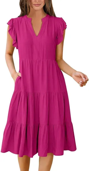 Summer Dresses for Women 2025 Casual Ruffle Sleeve Midi Dress Loose Flowy V Neck Pleated Beach Vacation Sundresses
