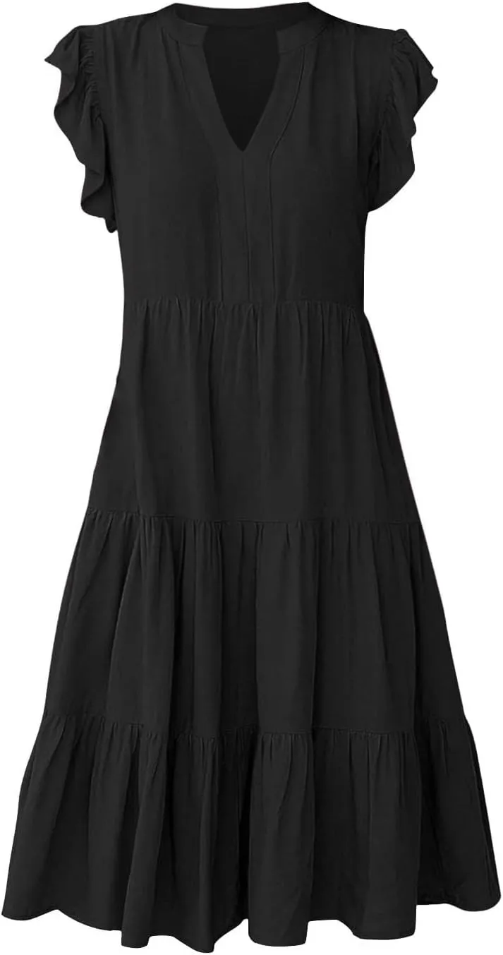 Summer Dresses for Women 2025 Casual Ruffle Sleeve Midi Dress Loose Flowy V Neck Pleated Beach Vacation Sundresses