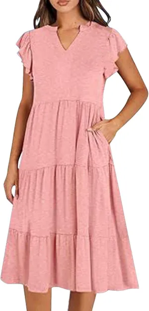 Summer Dresses for Women 2025 Casual Ruffle Sleeve Midi Dress Loose Flowy V Neck Pleated Beach Vacation Sundresses