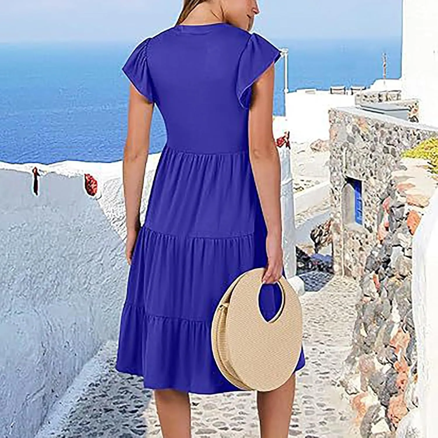 Summer Dresses for Women 2025 Casual Ruffle Sleeve Midi Dress Loose Flowy V Neck Pleated Beach Vacation Sundresses