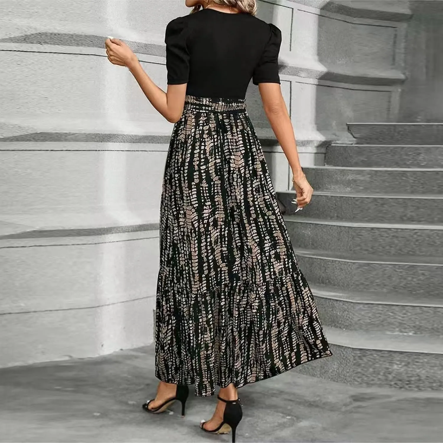 Summer Dresses for Women 2025 Maxi Dress Ruffle Short Sleeve Casual Floral Print Long Flowy Dresses with Pockets