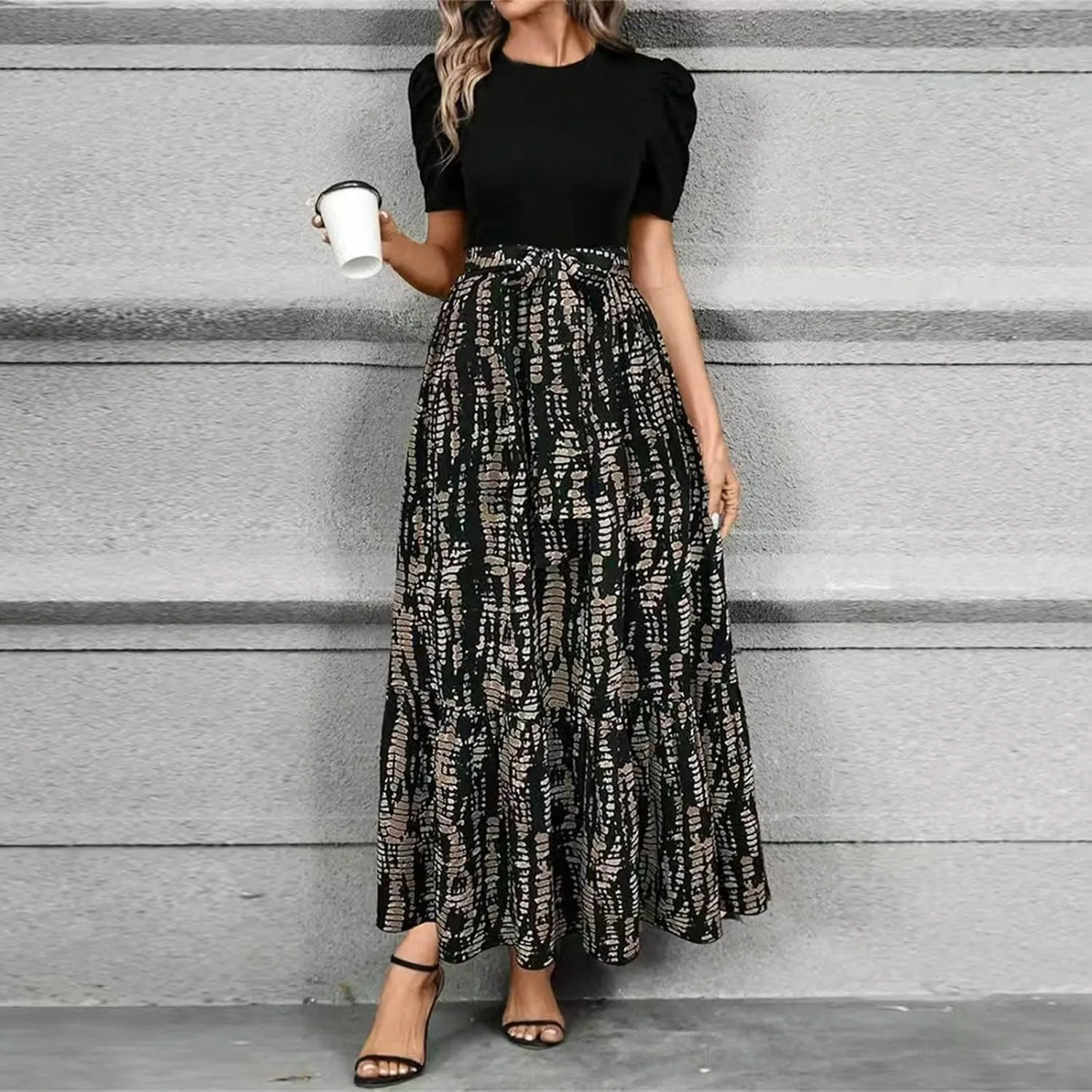 Summer Dresses for Women 2025 Maxi Dress Ruffle Short Sleeve Casual Floral Print Long Flowy Dresses with Pockets