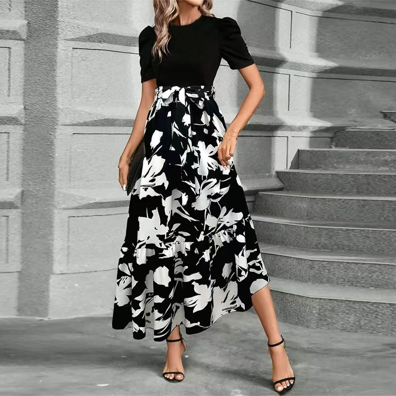 Summer Dresses for Women 2025 Maxi Dress Ruffle Short Sleeve Casual Floral Print Long Flowy Dresses with Pockets