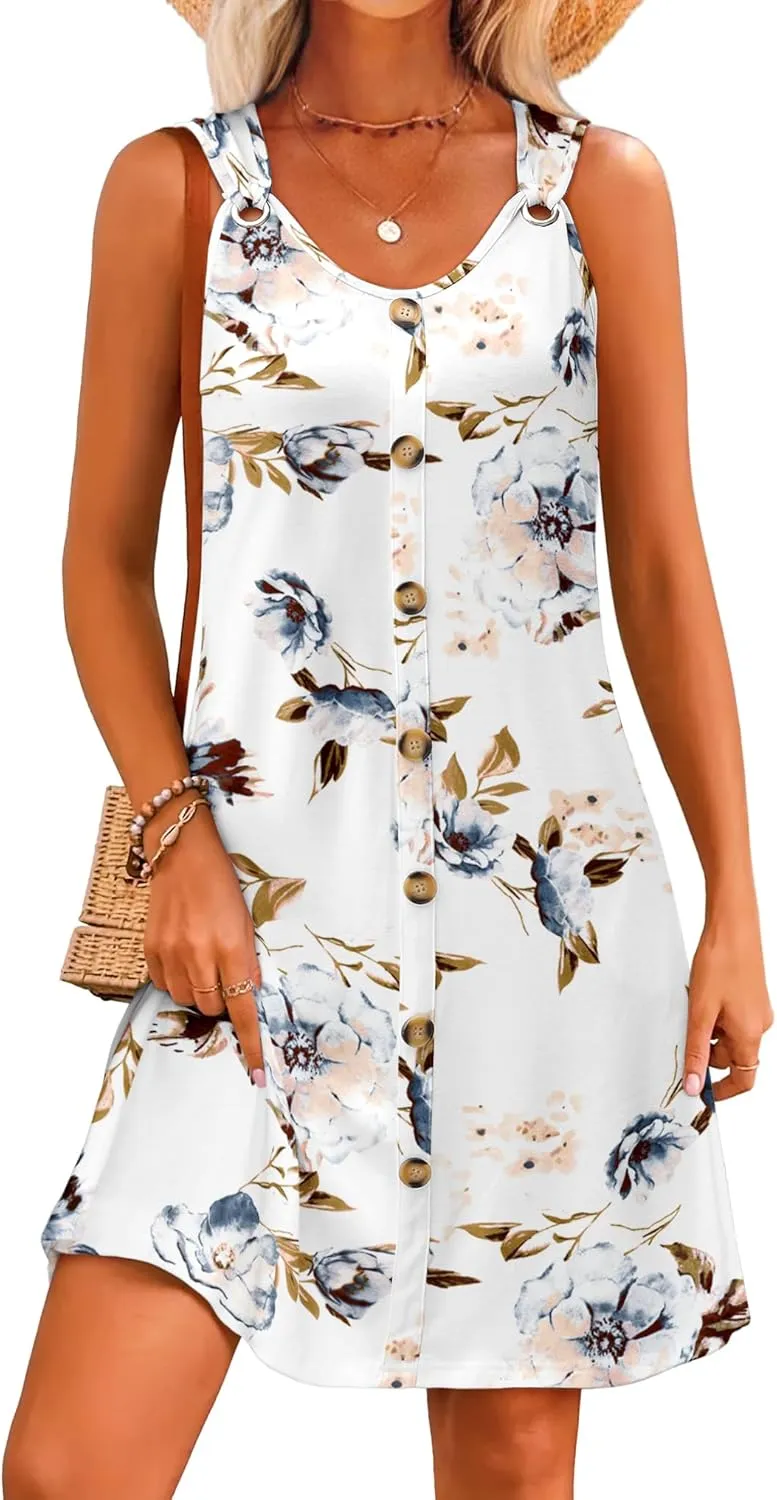 Summer Dresses for Women 2025 Sleeveless Floral Boho Swimsuit Cover Ups Casual Button Beach Vacation Tank Sundresses