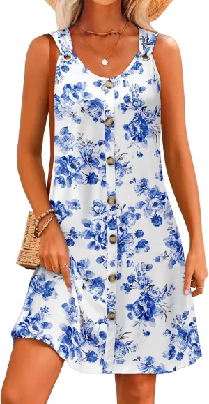 Summer Dresses for Women 2025 Sleeveless Floral Boho Swimsuit Cover Ups Casual Button Beach Vacation Tank Sundresses