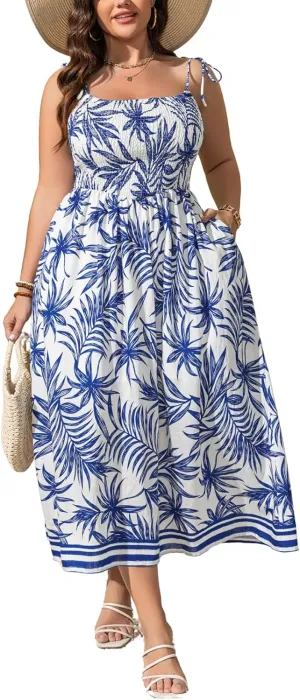 Summer Dresses for Women 2025 Spaghetti Strap Beach Dress with Pockets Flowy Smocked Boho Maxi Sundress