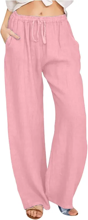 Summer Pants for Women Casual 2024 Summer Drawstring Elastic High Waist Linen Pant Straight Wide Leg Cropped Trousers