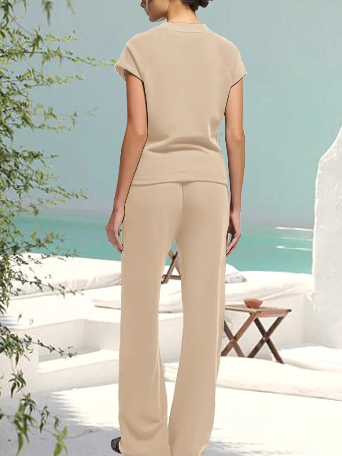 SuperPrity Womens 2 Piece Lounge Sets Summer Travel Sweat Outfits Vacation Tracksuit Short Sleeve Wide Leg Airport Loungewear