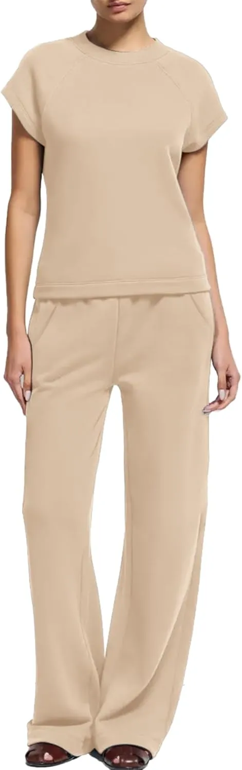 SuperPrity Womens 2 Piece Lounge Sets Summer Travel Sweat Outfits Vacation Tracksuit Short Sleeve Wide Leg Airport Loungewear