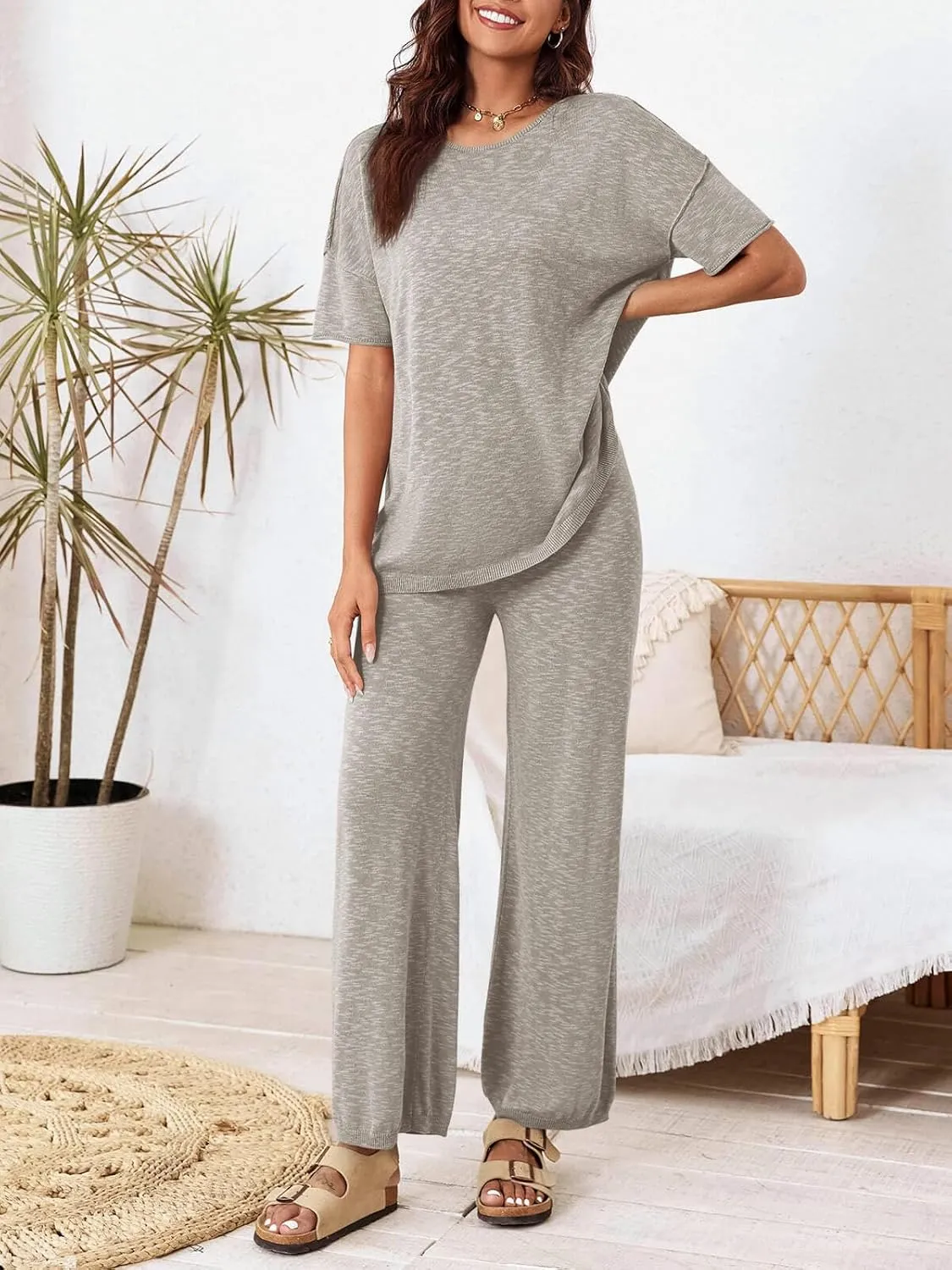 Tankaneo Women's 2 Piece Travel Outfits Casual Short Sleeve Knit Sweater Set Wide Leg Pants Lounge Sets Tracksuit