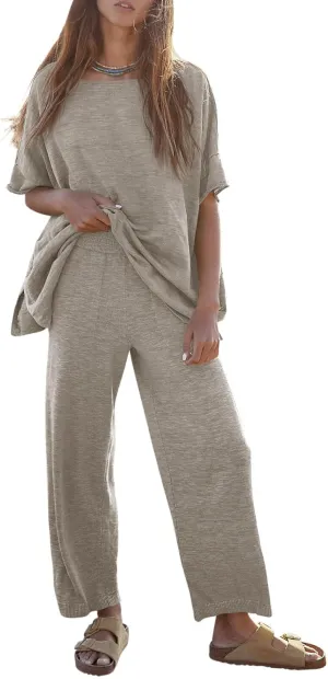 Tankaneo Women's 2 Piece Travel Outfits Casual Short Sleeve Knit Sweater Set Wide Leg Pants Lounge Sets Tracksuit