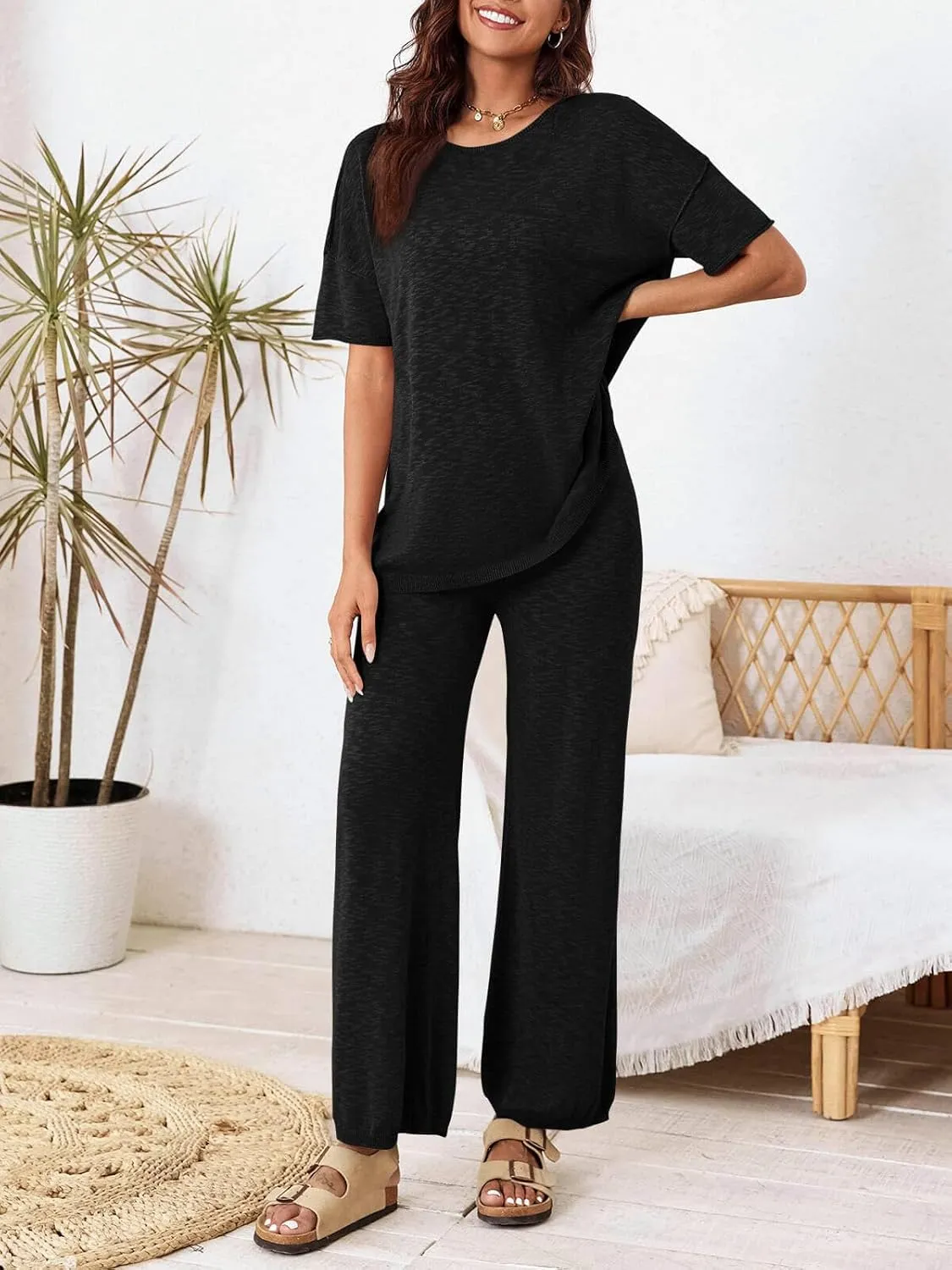 Tankaneo Women's 2 Piece Travel Outfits Casual Short Sleeve Knit Sweater Set Wide Leg Pants Lounge Sets Tracksuit