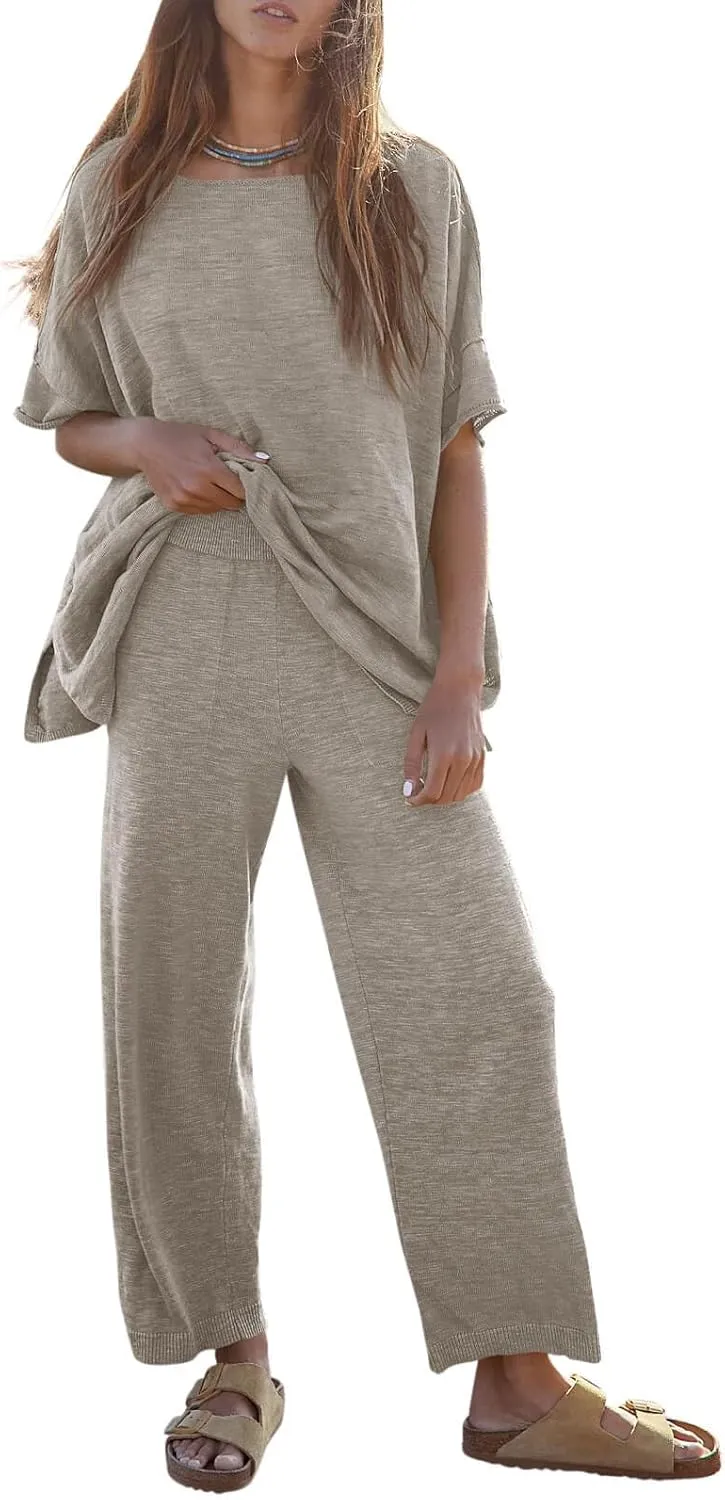 Tankaneo Women's 2 Piece Travel Outfits Casual Short Sleeve Knit Sweater Set Wide Leg Pants Lounge Sets Tracksuit