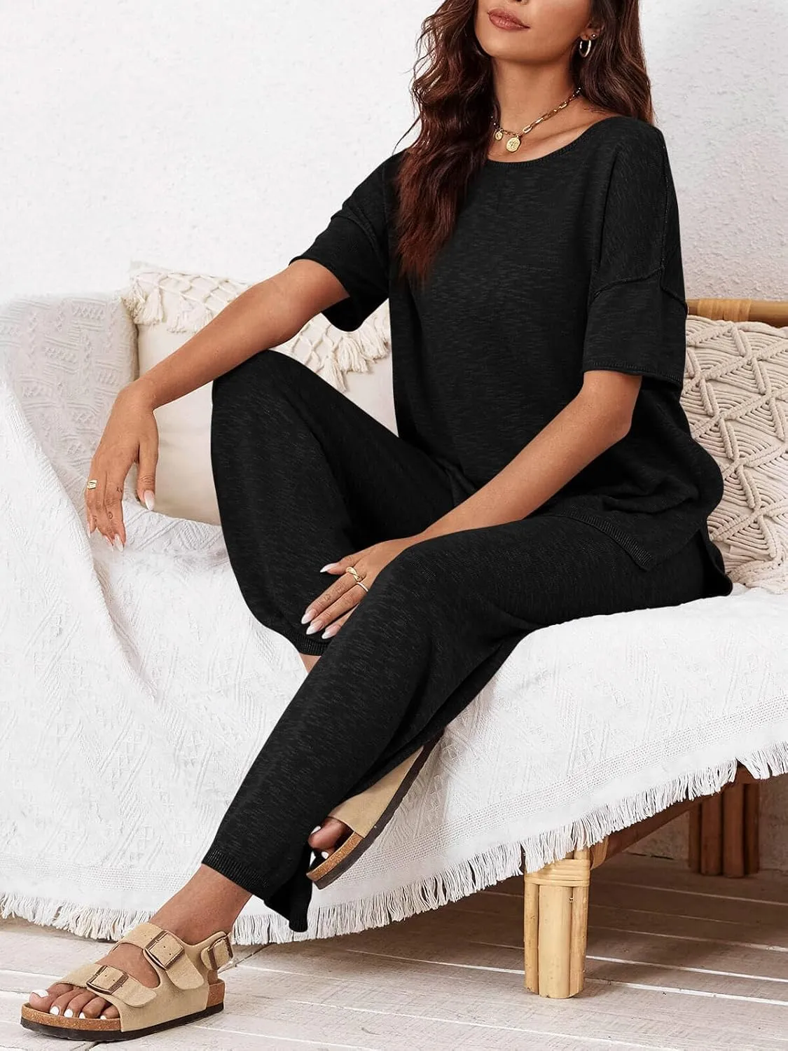 Tankaneo Women's 2 Piece Travel Outfits Casual Short Sleeve Knit Sweater Set Wide Leg Pants Lounge Sets Tracksuit